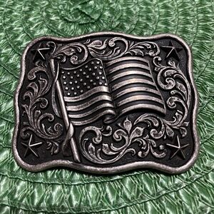 Nocona Ornate Silver Belt Buckle with Flag Design